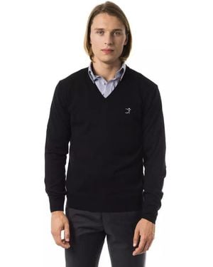 Uominitaliani Embroidered V-Neck Merino Wool Jumper - Black