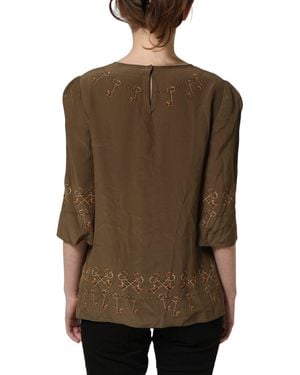 Dolce & Gabbana Brown Keys Roses Printed Silk Blouse Top