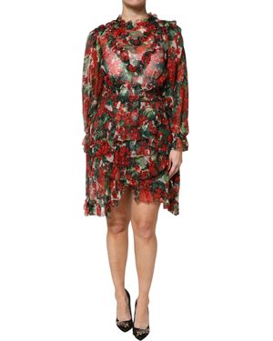 Dolce & Gabbana Multicolour Ruffle Floral Long Sleeves Dress - Red