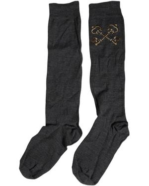 Dolce & Gabbana Dark Grey Wool Over The Calf Knee High Accessory Socks - Black