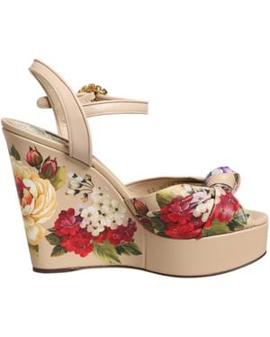 Dolce & Gabbana Beige Floral Ankle Strap Wedge Sandals Shoes - Pink