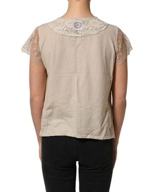 Pink Memories Beige Cotton Lace Detailing Round Neck Top - Natural