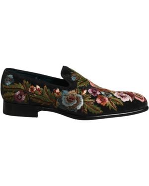 Dolce & Gabbana Black Velvet Floral Embroidery Loafers Shoes