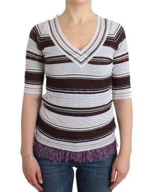 Ermanno Scervino Striped V-Neck Knit Top With Lace Hem - Black