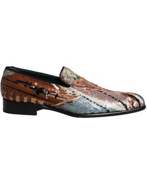 Dolce & Gabbana Multicolor Embroidered Sequin Loafers Shoes - Brown