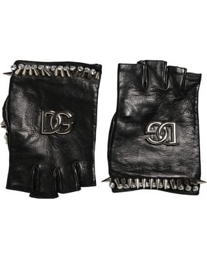 Dolce & Gabbana Embellished Wrist Length Mitten Gloves Genuine Leather - Black