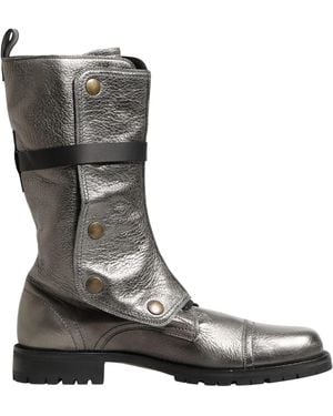 Dolce & Gabbana Metallic Silver Combat Biker Mid Calf Boots Shoes - Black