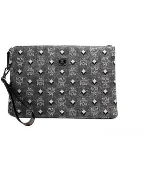 MCM Veritas Medium Dark Gray Denim Monogram Logo Canvas Clutch Pouch Handbag - Black