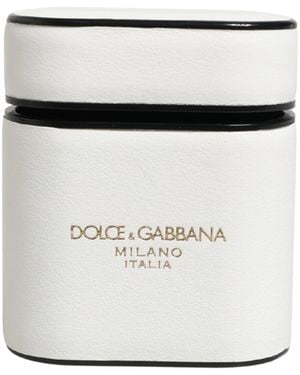 Dolce & Gabbana White Calf Leather Logo Print Flip Holder Airpods Case
