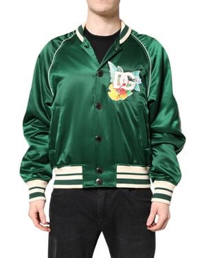Dolce & Gabbana Green Floral Dg Logo Full Zip Bomber Jacket