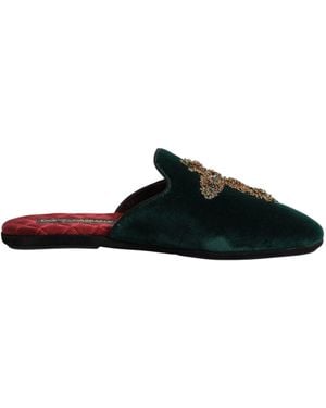 Dolce & Gabbana Green Velvet Cross Embellished Slippers Shoes - Black