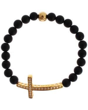 Nialaya Matte Onyx Stone Gold Cz Cross 925 Silver Bracelet - Black