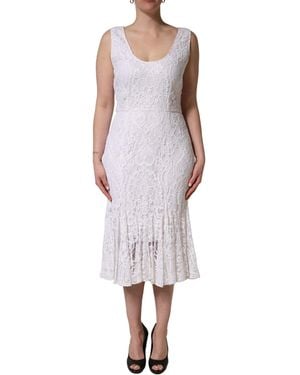 Dolce & Gabbana White Floral Lace Sleeveless Midi Dress - Purple