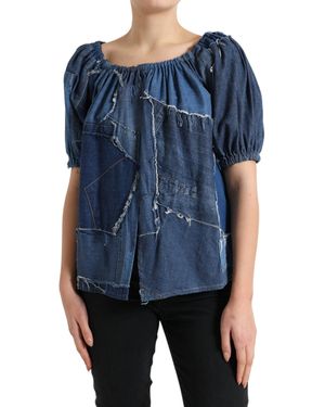 Dolce & Gabbana Patchwork Short Sleeves Denim Blouse Top - Blue