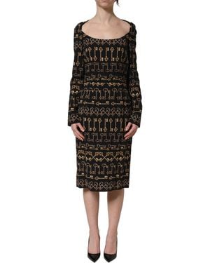 Dolce & Gabbana Black Key Print Long Sleeves Sheath Midi Dress