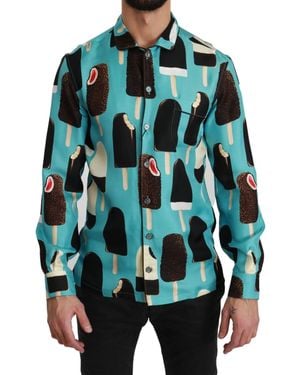 Dolce & Gabbana Silk Ice Cream Print Casual Shirt - Blue