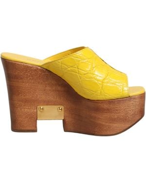 Dolce & Gabbana Yellow Leather Wood Mule Wedge Slides Shoes
