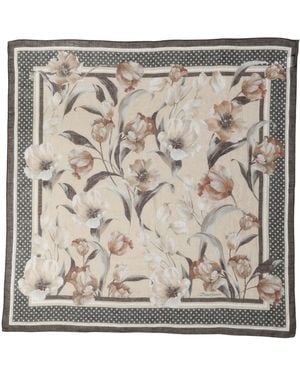 Dolce & Gabbana Men Beige Floral Linen Square Foulard Scarf - Metallic