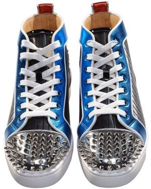 Christian Louboutin Louis Spikes Orlato Flat Multi Coloured Leather High Top Trainers - Blue