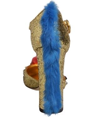 Dolce & Gabbana Gold Fur Trim Glitter T - Blue