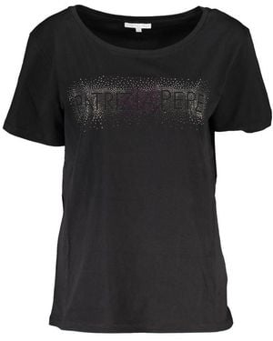 Patrizia Pepe Chic Short Sleeve Wide Neck Tee With Contrast Details - Black