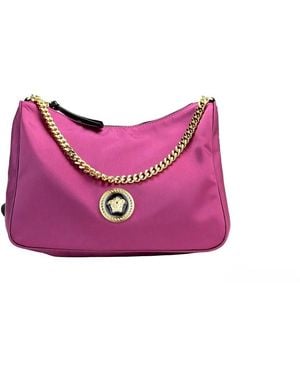 Versace Small Dahlia Nylon Fabric Medusa Pendant Crossbody Shoulder Purse Bag - Purple