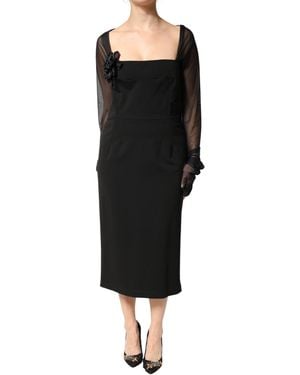 Dolce & Gabbana Black Sheer Yoke Rosette Sheath Midi Dress