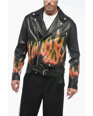 Palm Angels Leather Burning Biker Jacket With Flames Motif - Black