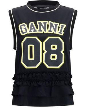 Ganni Cycora Oversized Tank Top With Ruffled Hem - Black