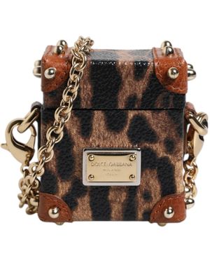 Dolce & Gabbana Brown Leopard Metal Logo Plaque Gold Chain Airpods Case