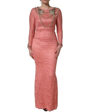 Dolce & Gabbana Pink Embellished Mermaid Lace Gown Dress - Red