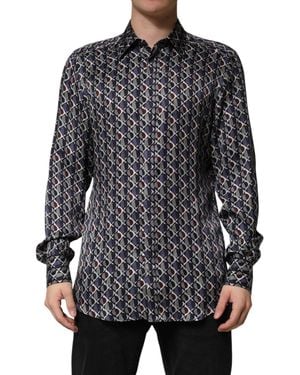 Dolce & Gabbana Multicolour Patterned Collared Gold Men Dress Shirt - Black