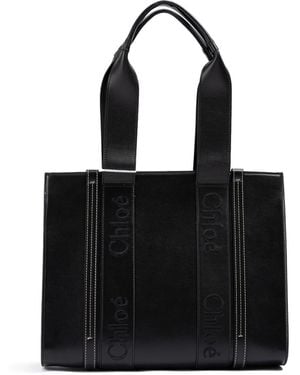 Chloé Black Woody Embroidered Logo Leather Medium Tote Bag