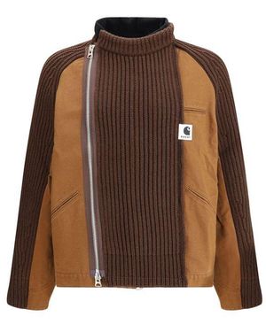 Sacai Wip Washed Duck X Wool Knit Jacket By X Carhartt - Brown