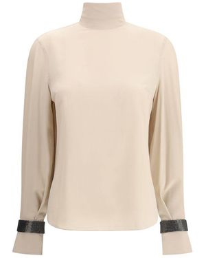 Brunello Cucinelli Silk Turtleneck Blouse With Precious Bracelets - Natural