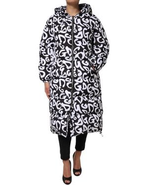 Dolce & Gabbana Black White Dg Mania Hooded Long Coat Jacket