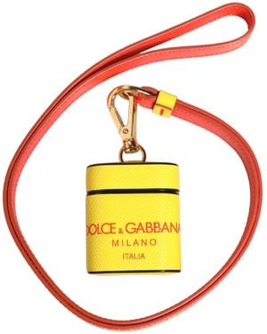 Dolce & Gabbana Yellow Calf Leather Logo Flip Holder Strap Airpods Case - White