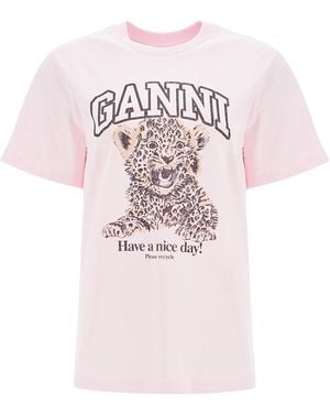 Ganni T Shirt Con Stampa Leopardo - Pink