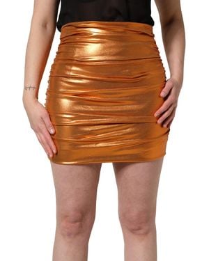 Dolce & Gabbana Metallic Ruched Lame Bodycon Mini Skirt Polyester Elastane - Orange