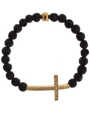 Nialaya Lava Stone Gold Clear Cz Cross 925 Silver Bracelet - Black
