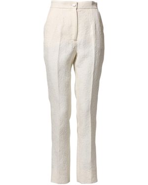 Dolce & Gabbana White Cotton Floral Brocade Dress Trousers