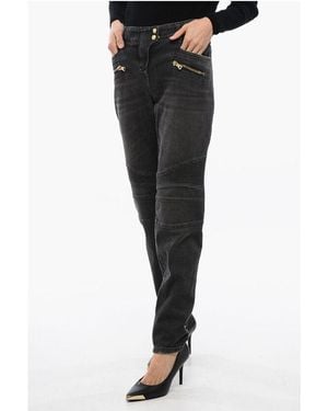 Balmain Biker Denims With Zipped Detailing - Black