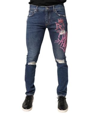 Dolce & Gabbana Blue Distressed Graffiti Print Skinny Jeans