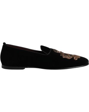 Dolce & Gabbana Black Velvet Gold Crown Mens Loafers Shoes