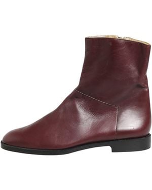 Dolce & Gabbana Maroon Leather Flats Biker Ankle Boots Shoes - Purple