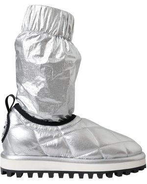 Dolce & Gabbana Metallic Quilted Logo Patch Boot Shoes - Gray