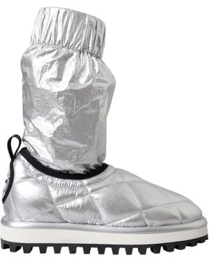 Dolce & Gabbana Metallic Quilted Logo Patch Boot Shoes - Grey