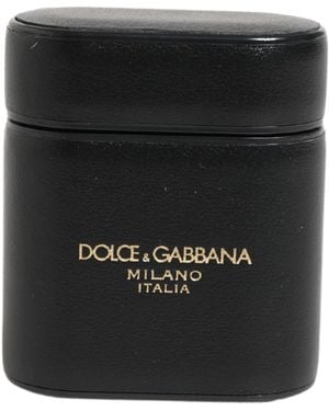 Dolce & Gabbana Black Calf Leather Logo Print Flip Holder Airpods Case