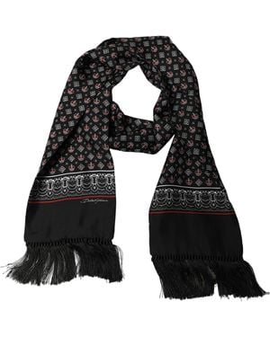 Dolce & Gabbana Silk Crown Fringed Neck Shawl Scarf - Black
