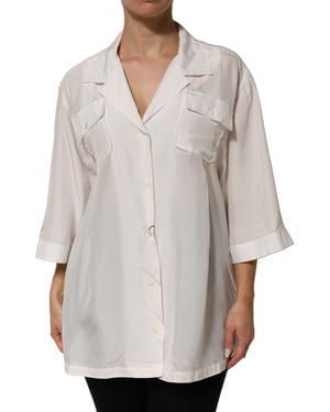 Dolce & Gabbana White Silk Collared 3/4 Sleeves Blouse Top - Gray